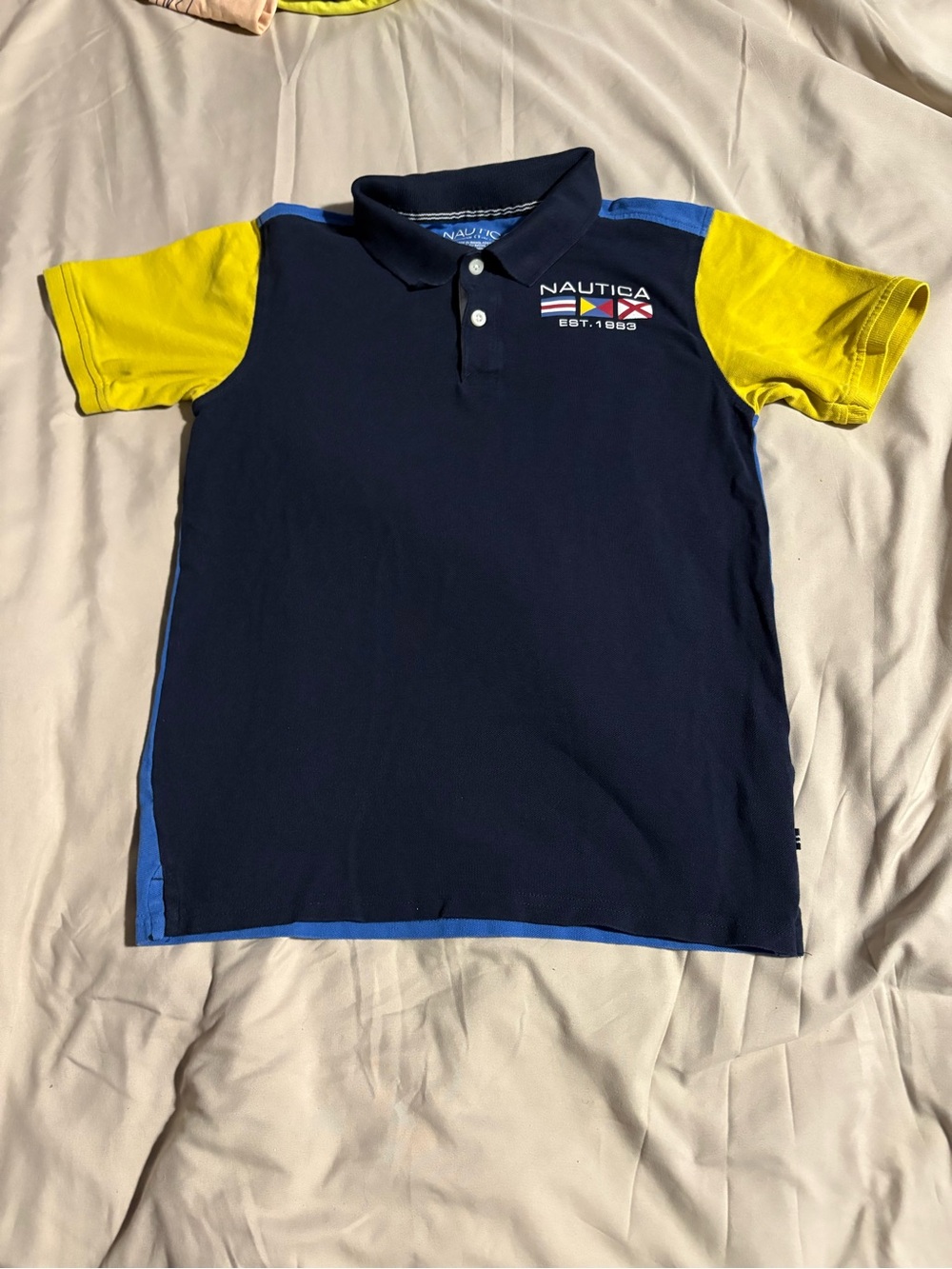 Nautica Boys Color Block Polo Shirt Short Sleeve Size L 14/16 Navy Yellow Blue